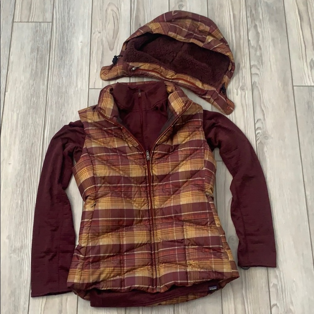 Patagonia Plaid Puffer Jacket - Burgundy and Yellow